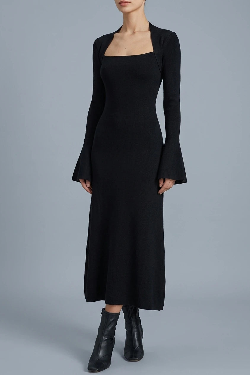 The Black Square Neck Flare Sleeve Midi Dress — variant_front