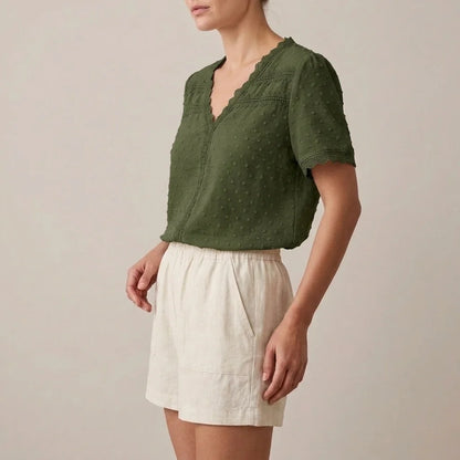 Bohemian Lace Trim Blouse with Swiss Dot Texture and V-Neckline — variant_front