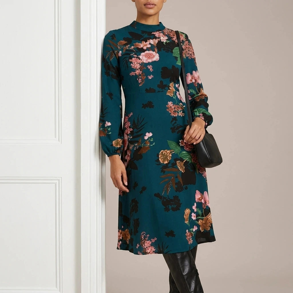 Floral High Neck Midi Dress With Long Sleeves And A-Line Skirt