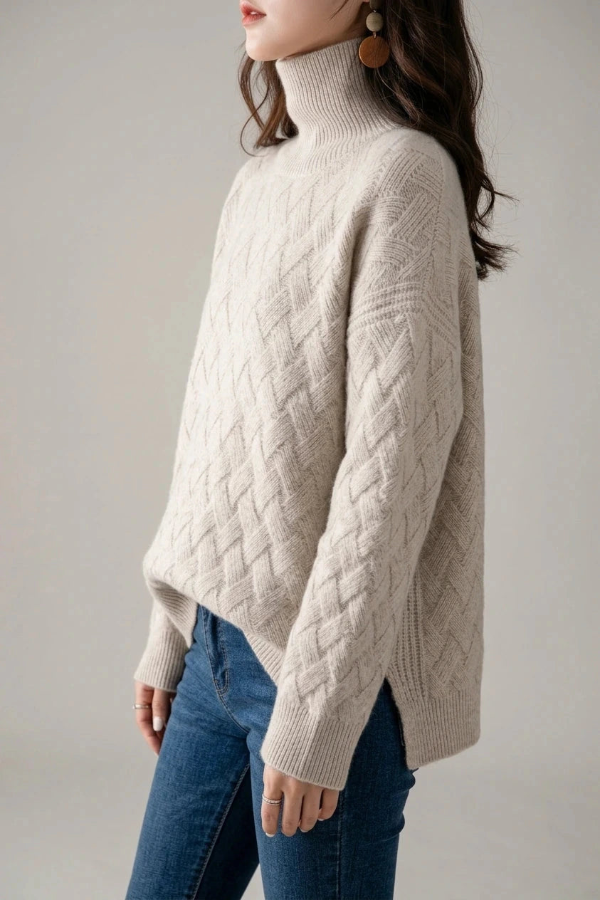 Cozy Oversized Turtleneck Sweater Cable Knit Chunky Jumper Relaxed Long Sleeve