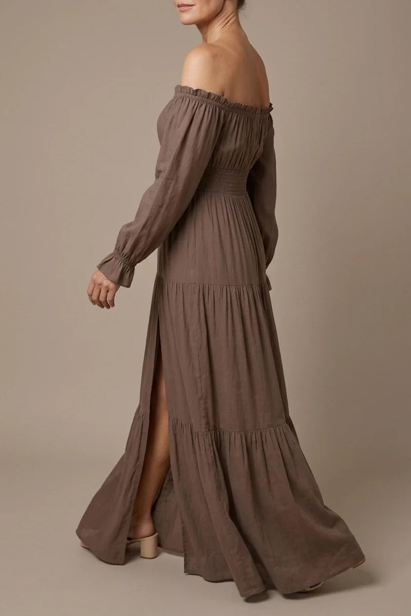 Aveline | Off Shoulder Long Sleeve Smocked Maxi Dress — variant_front
