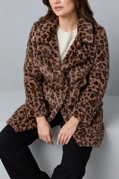 Animal Print Faux Fur Tie Waist Jacket, Belted Faux Fur Coat, Collared Jacket