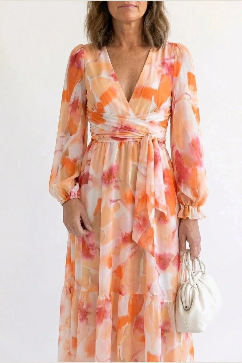 Printed Long Sleeve V-Neck Maxi Dress With Smocked Waist
