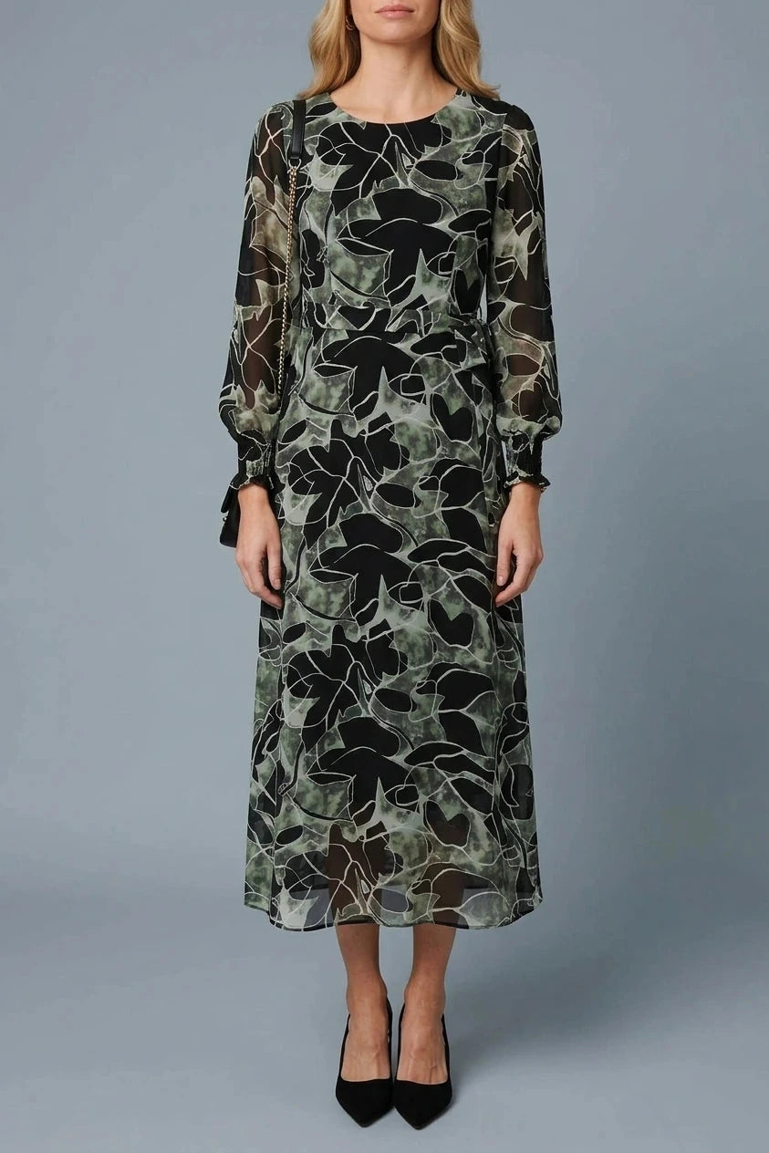Abstract Long Sleeve Layered Maxi Dress With Sheer Sleeves And Tie Waist