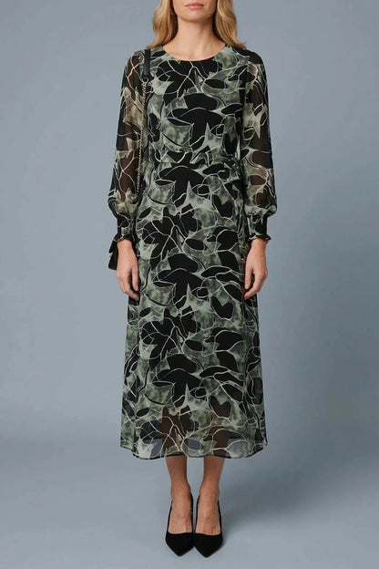 Abstract Long Sleeve Layered Maxi Dress With Sheer Sleeves And Tie Waist