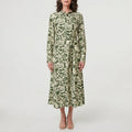 Collared Tie-Waist Printed Long Sleeve Shirt Midi Dress