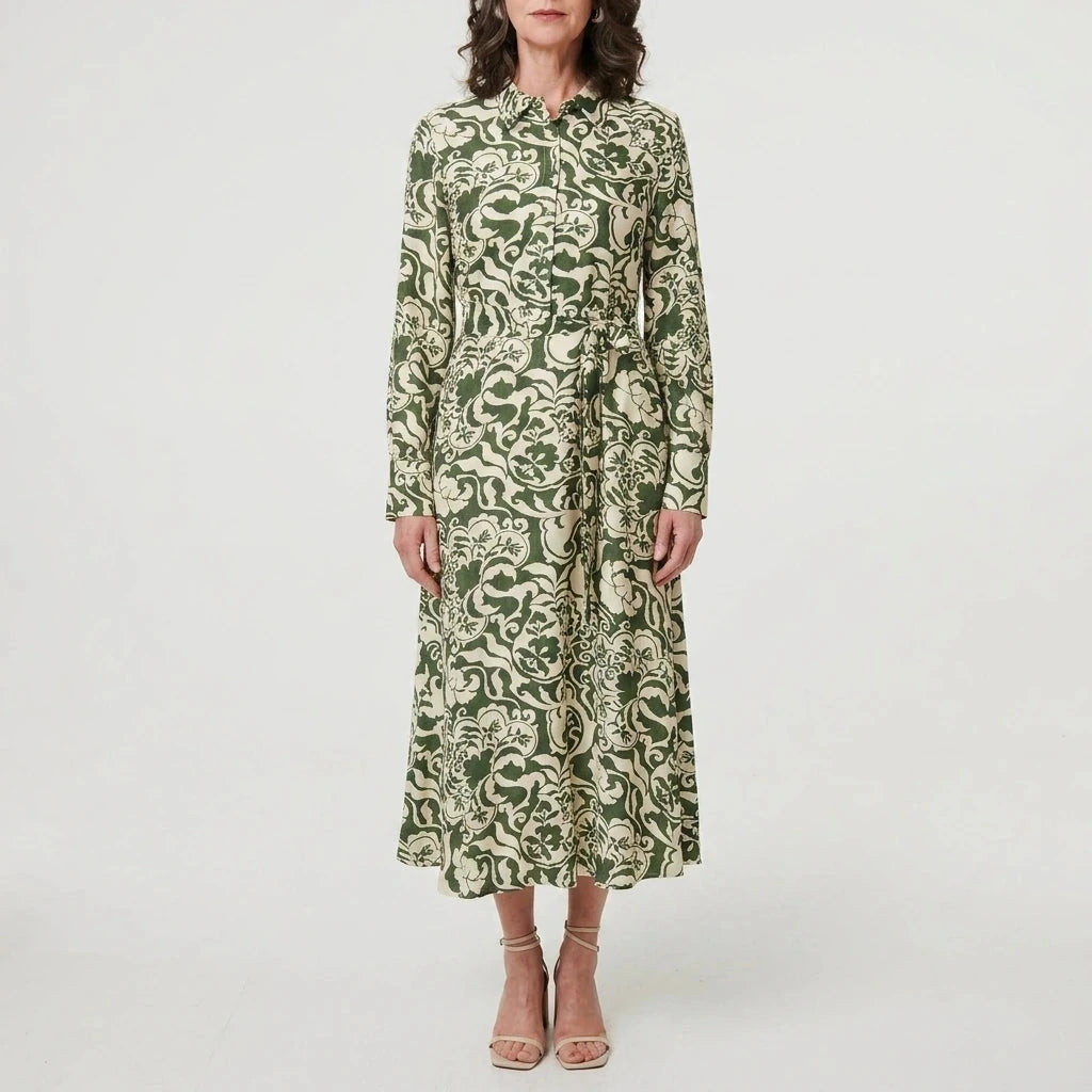 Collared Tie-Waist Printed Long Sleeve Shirt Midi Dress