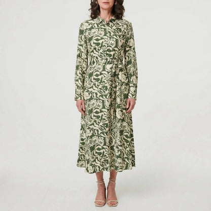 Collared Tie-Waist Printed Long Sleeve Shirt Midi Dress