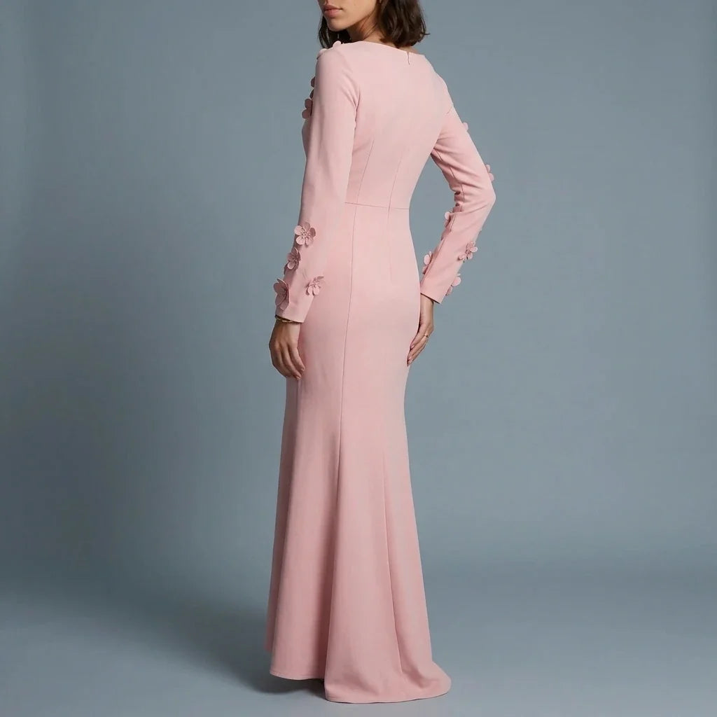 3D Floral Appliqué Long Sleeve Maxi Dress – Pink Wedding Guest Dress for Women — variant_front