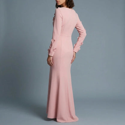 3D Floral Appliqué Long Sleeve Maxi Dress – Pink Wedding Guest Dress for Women — variant_front