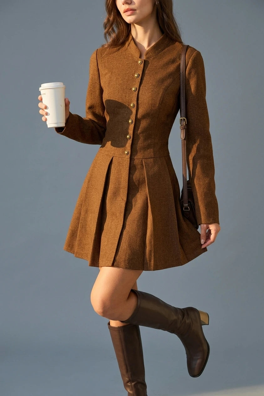 Brown Ruched Button A-Line Mini Dress — variant_front