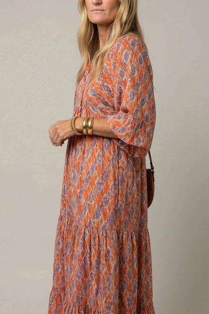 Geometric Print V Neck Tiered Maxi Dresses