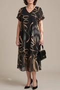 V Neck Short Sleeve Midi Dress With Abstract Print