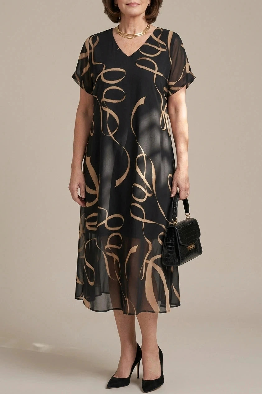 V Neck Short Sleeve Midi Dress With Abstract Print