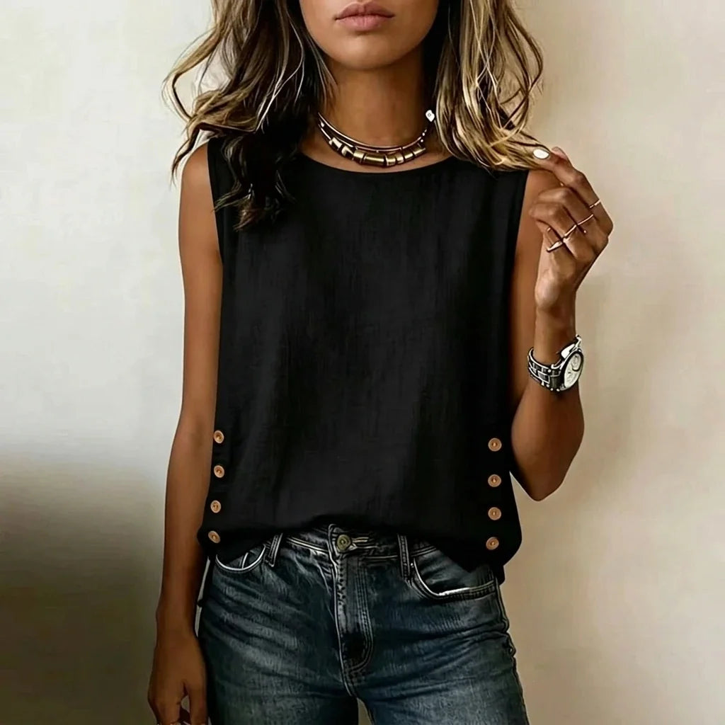 Casual Linen Tank Top with Button Side Detail — variant_front