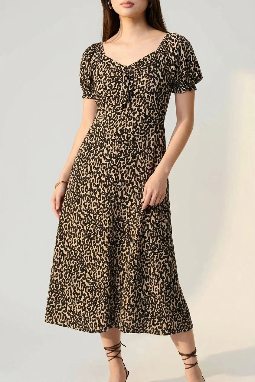 Animal Print Short Puff Sleeve Maxi Dress With V Neck And Pockets