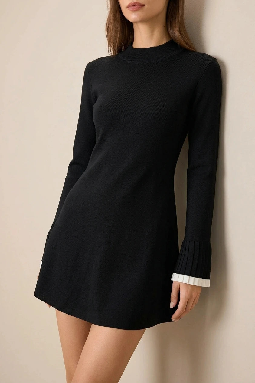 Black Contrasting Long Sleeve Sweater Mini Dress — variant_front