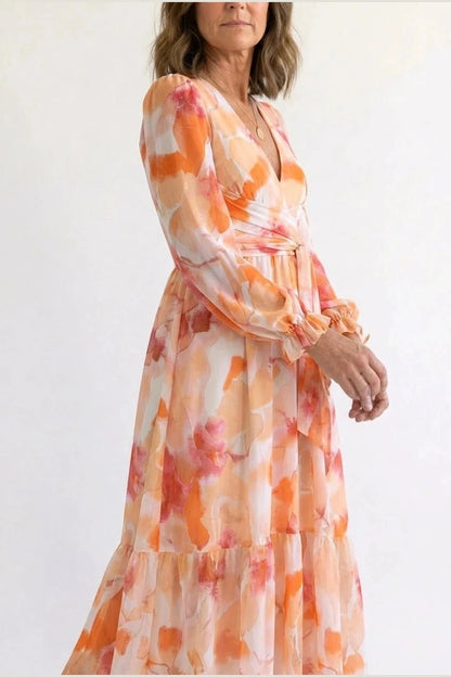 Printed Long Sleeve V-Neck Maxi Dress With Smocked Waist