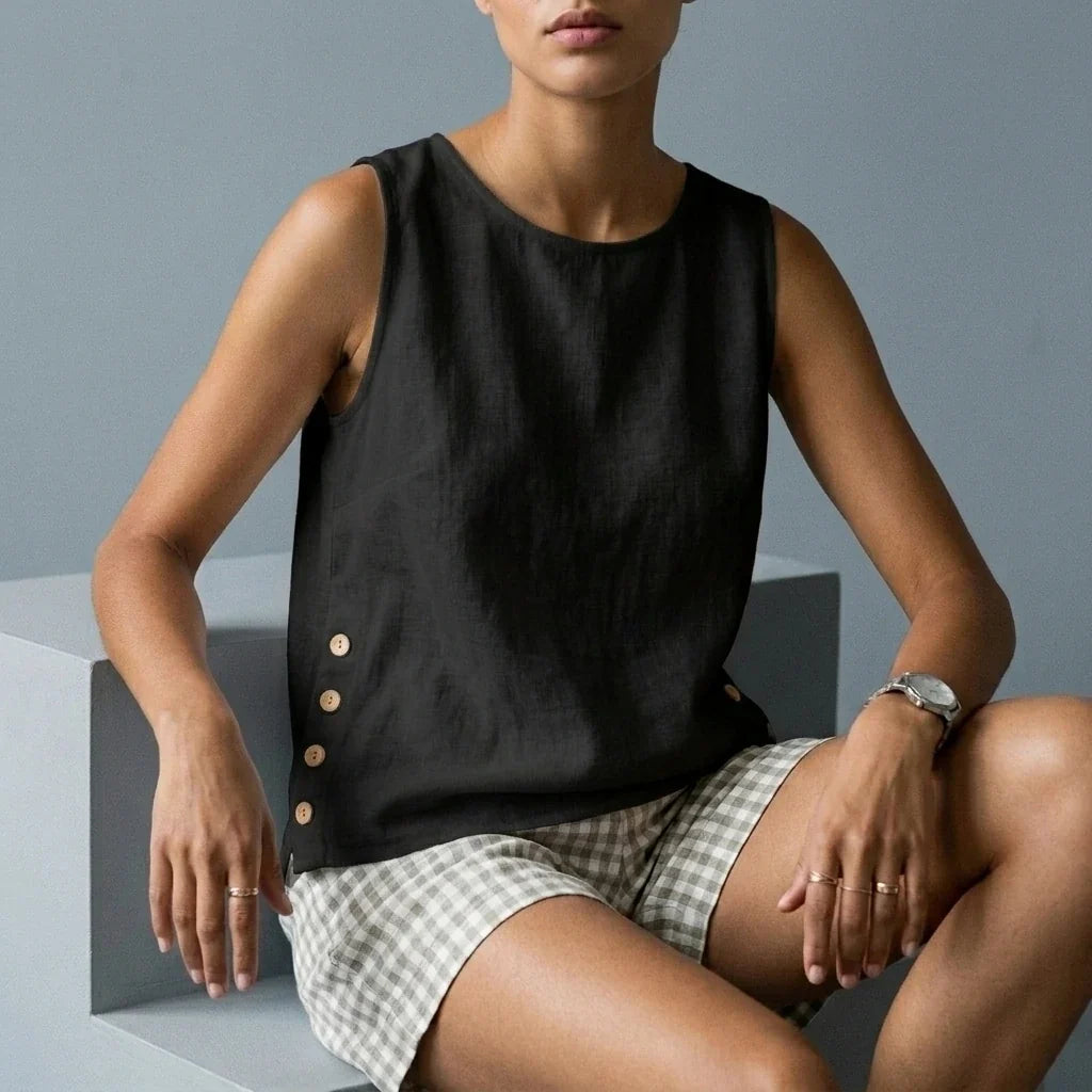 Casual Linen Tank Top with Button Side Detail — variant_front