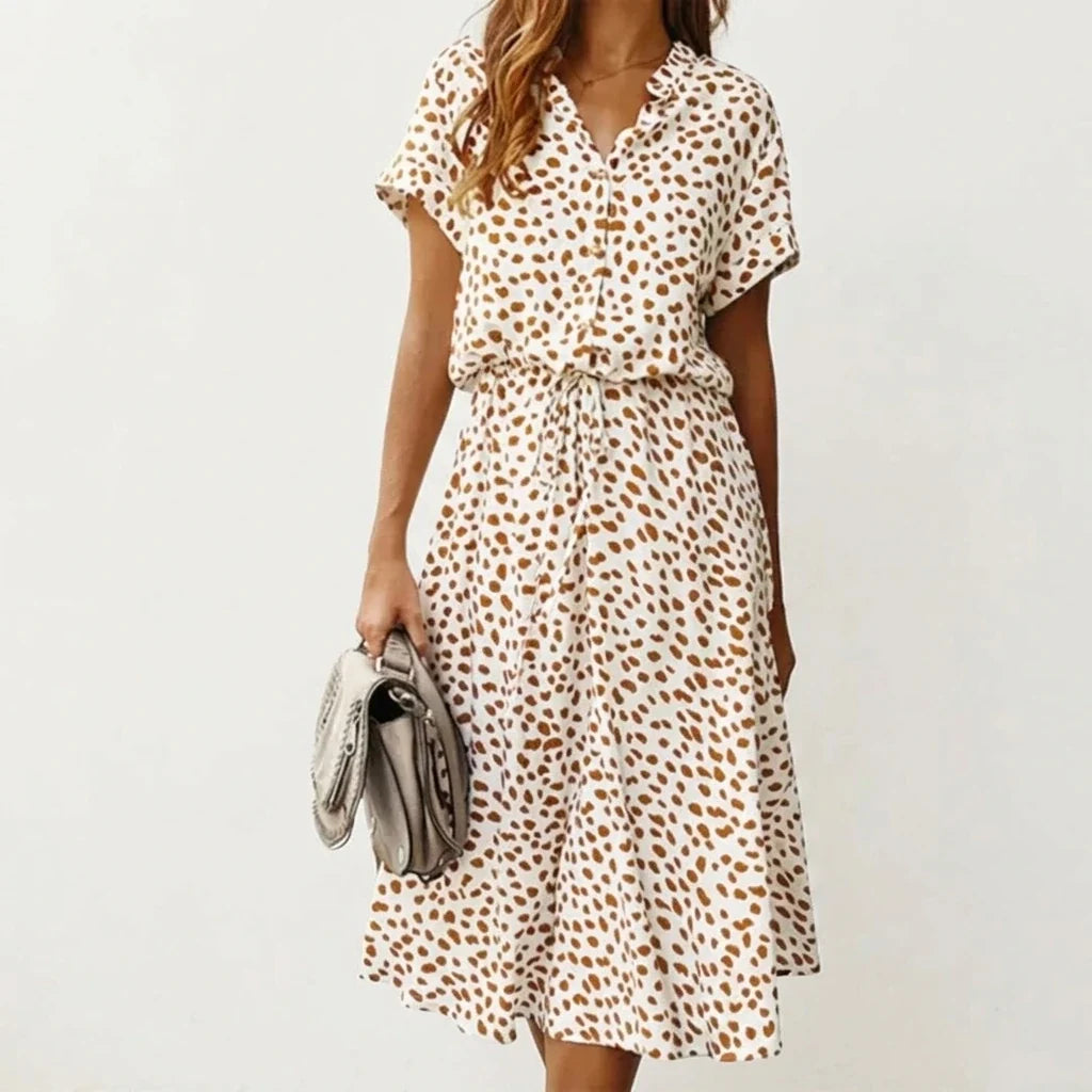 Women's Midi Dress with Button Front and Drawstring Waist — variant_front