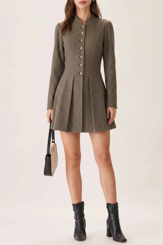 Brown Button Pleated Mini Dress — variant_front