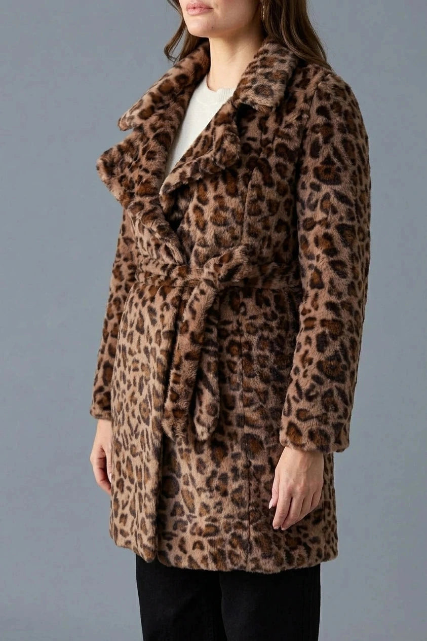 Animal Print Faux Fur Tie Waist Jacket, Belted Faux Fur Coat, Collared Jacket