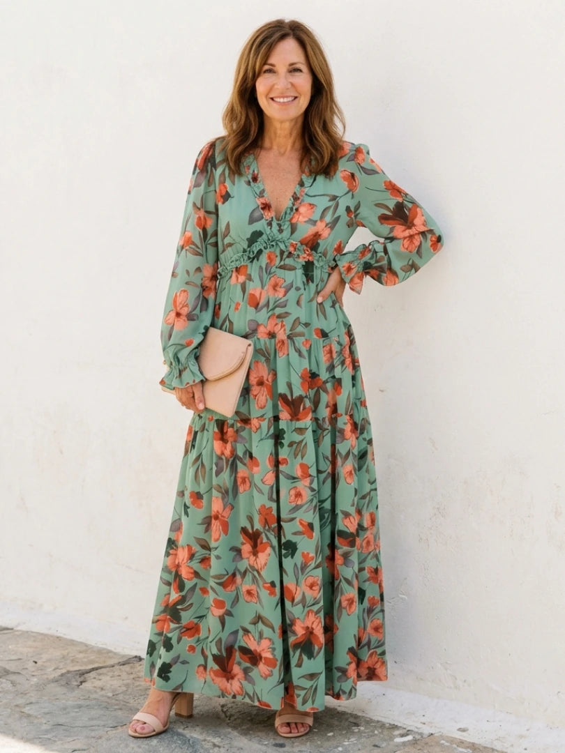 Elena | Long Sleeve V Neck Floral Maxi Dress