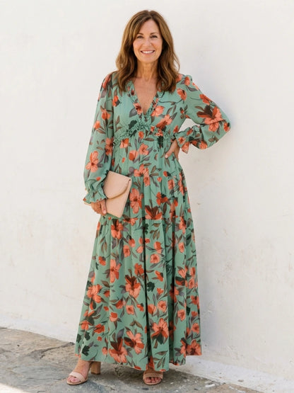 Elena | Long Sleeve V Neck Floral Maxi Dress