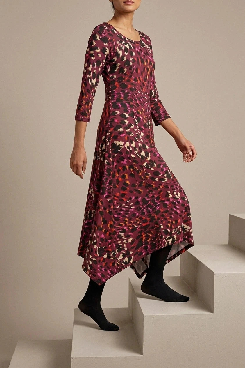 Animal Print Hanky Hem Jersey Dress 3/4 Sleeve Asymmetric Midi