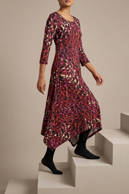 Animal Print Hanky Hem Jersey Dress 3/4 Sleeve Asymmetric Midi