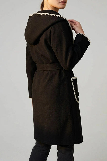 Blanket Stitch Tie Waist Longline Coat Hooded Belted With Patch Pockets