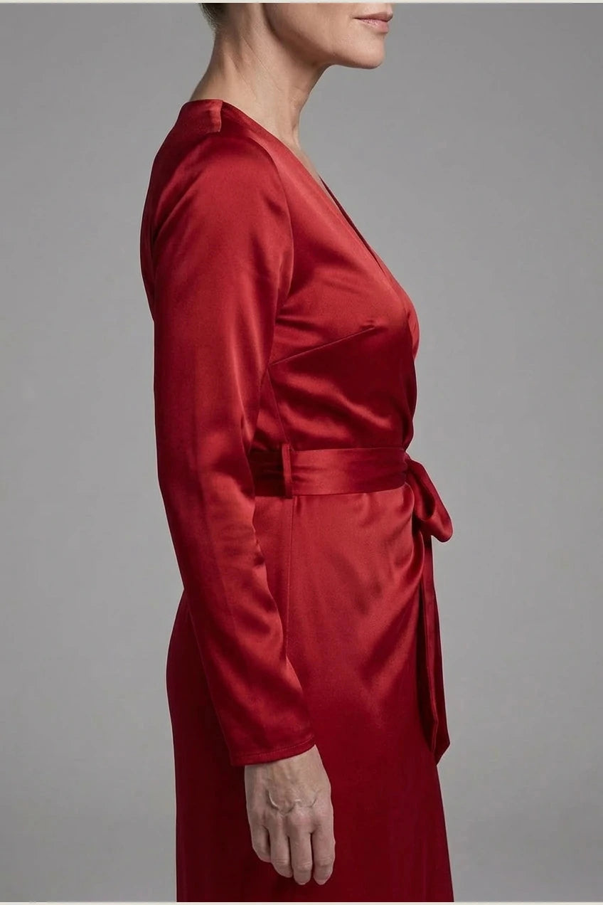 Satin Wrap Midi Dress With V-Neck Tie Waist And Long Sleeves