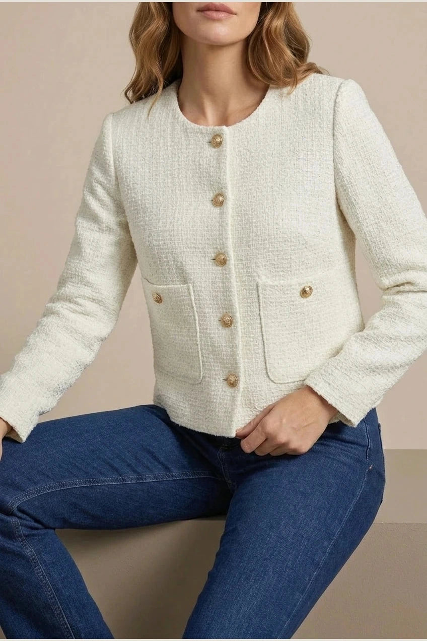 Minimalist Design Blazer Collarless Button-Front Patch Pocket Jacket