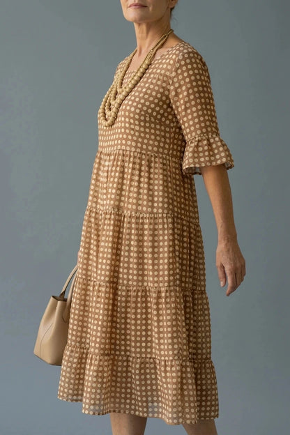 Polka Dot Tiered Midi Dress With Short Ruffle Sleeves And Square Neck