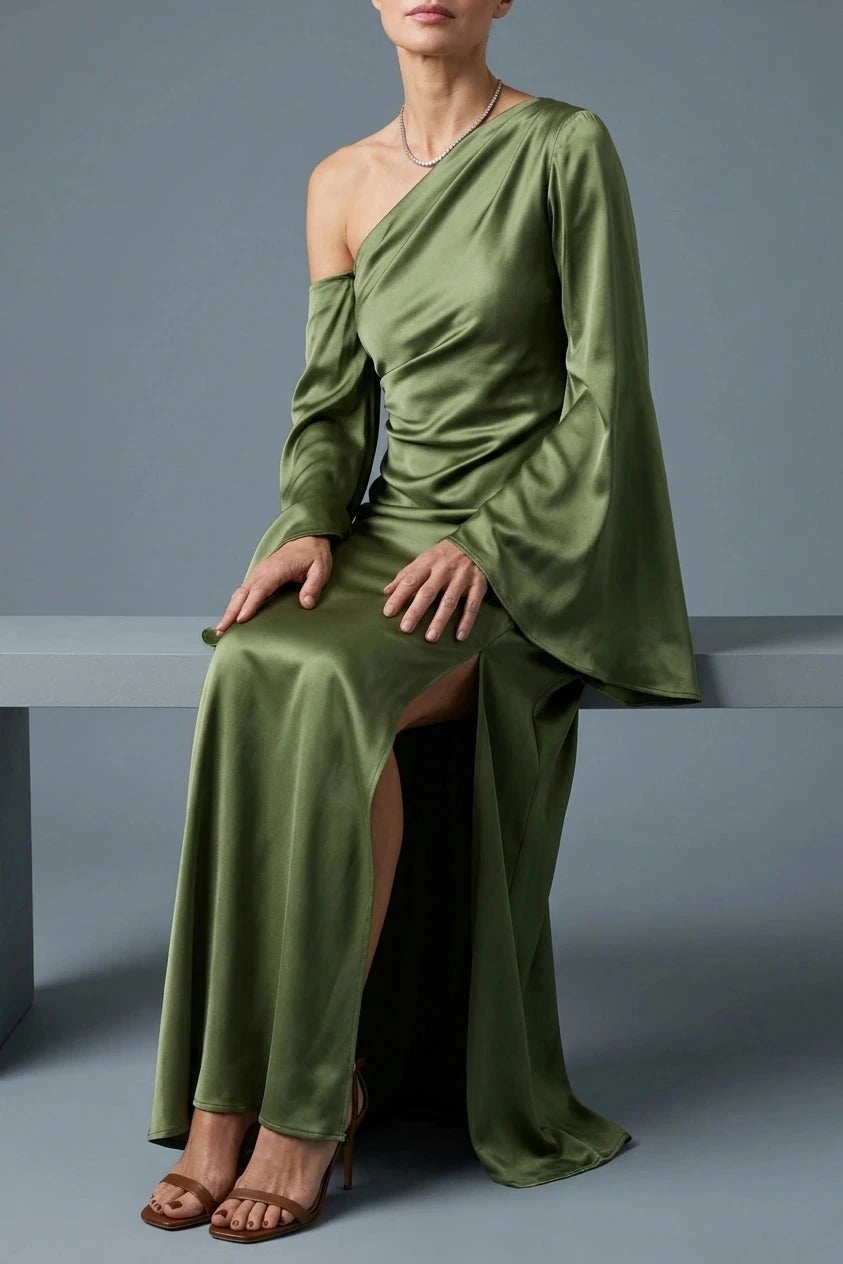 One Shoulder Cape Sleeve Maxi Dresses Draped Satin With High Side Split