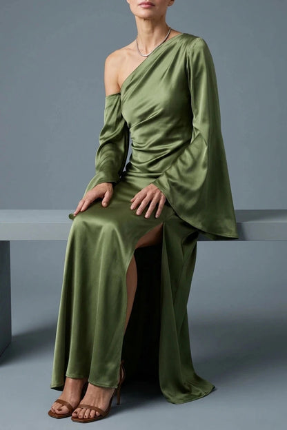 One Shoulder Cape Sleeve Maxi Dresses Draped Satin With High Side Split