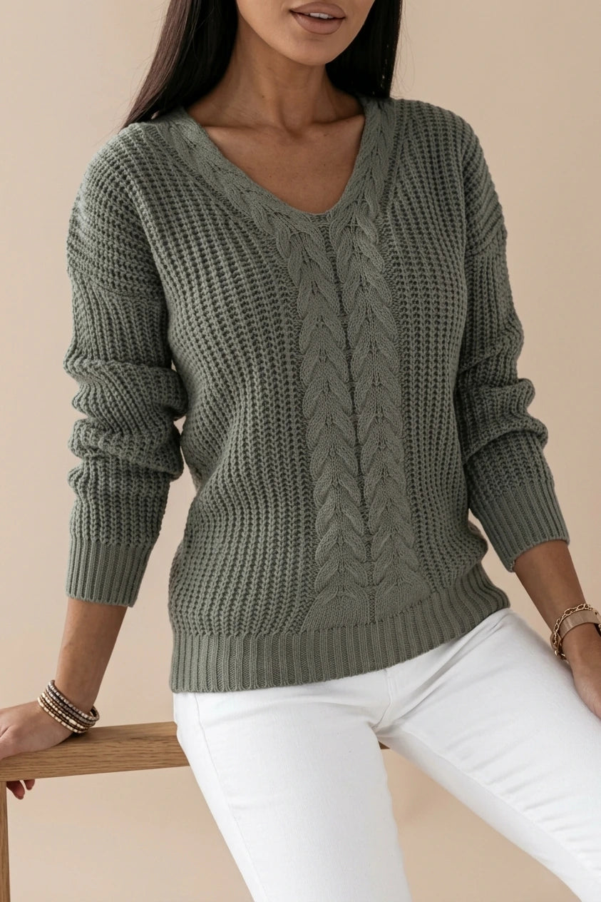 Cable Knit Sweater with V-Neckline and Ribbed Cuffs — variant_front