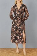 Foiled Floral Print Wrap Midi Dress With Belted Waist And Long Sleeves