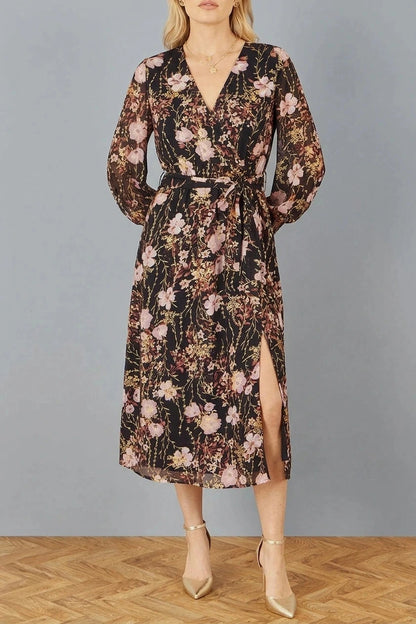 Foiled Floral Print Wrap Midi Dress With Belted Waist And Long Sleeves