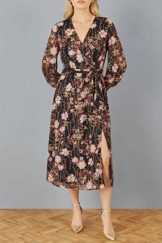Foiled Floral Print Wrap Midi Dress With Belted Waist And Long Sleeves