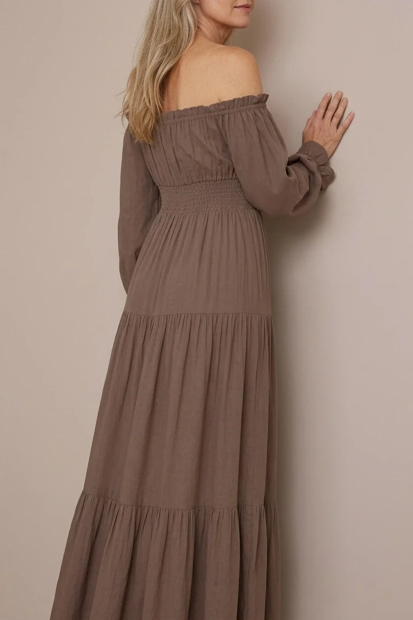 Aveline | Off Shoulder Long Sleeve Smocked Maxi Dress — variant_front