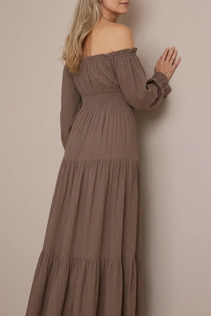 Aveline | Off Shoulder Long Sleeve Smocked Maxi Dress — variant_front