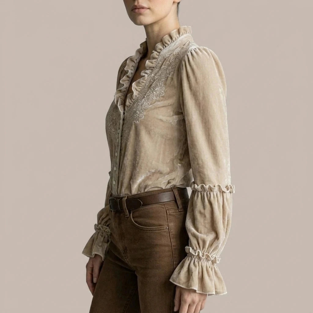 Embroidered Velvet Blouse Lace-Trimmed Romantic Floral Statement Top