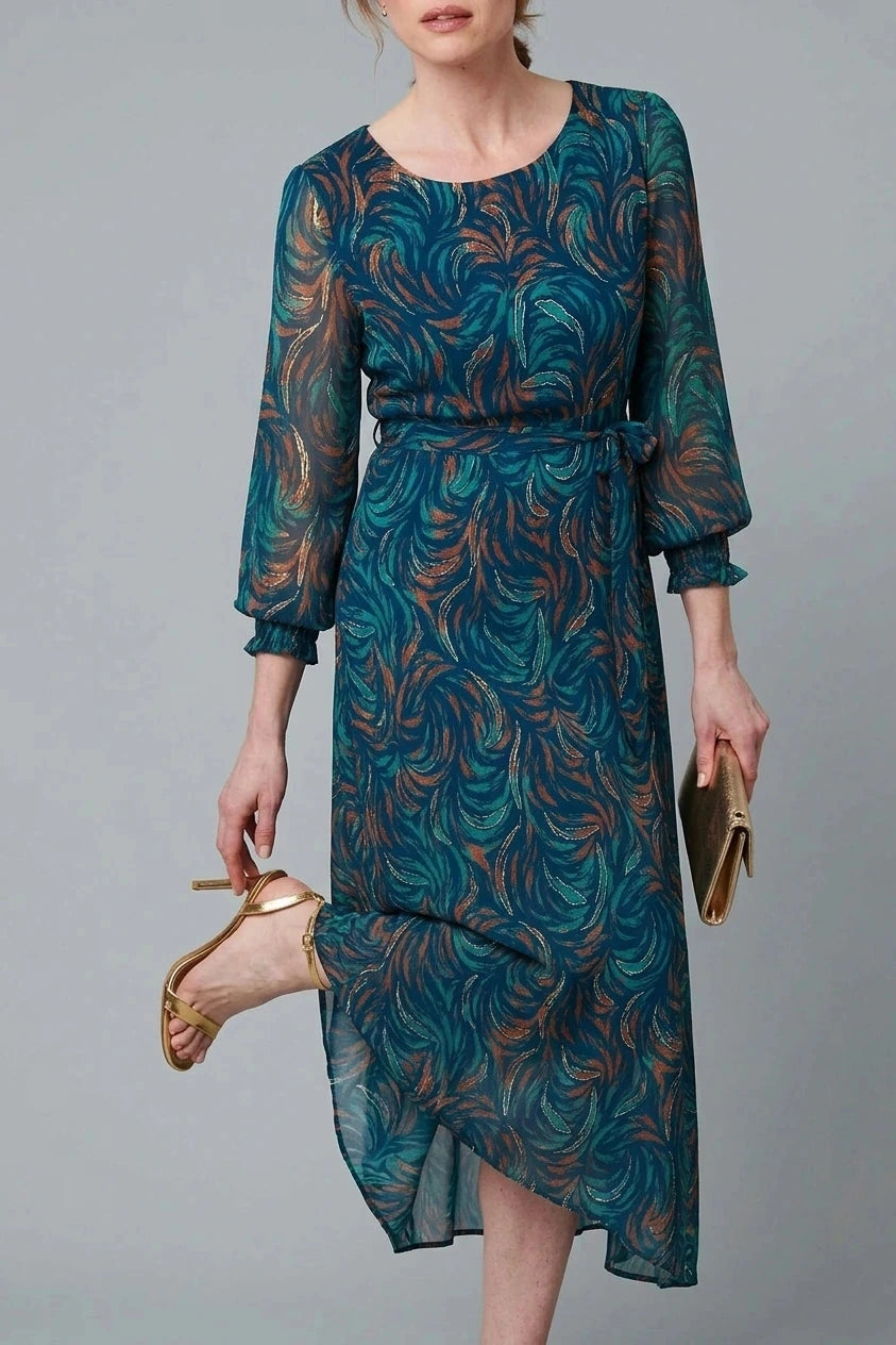 Abstract Long Sheer Sleeve Maxi Dress, Belted Waist, Round Neck