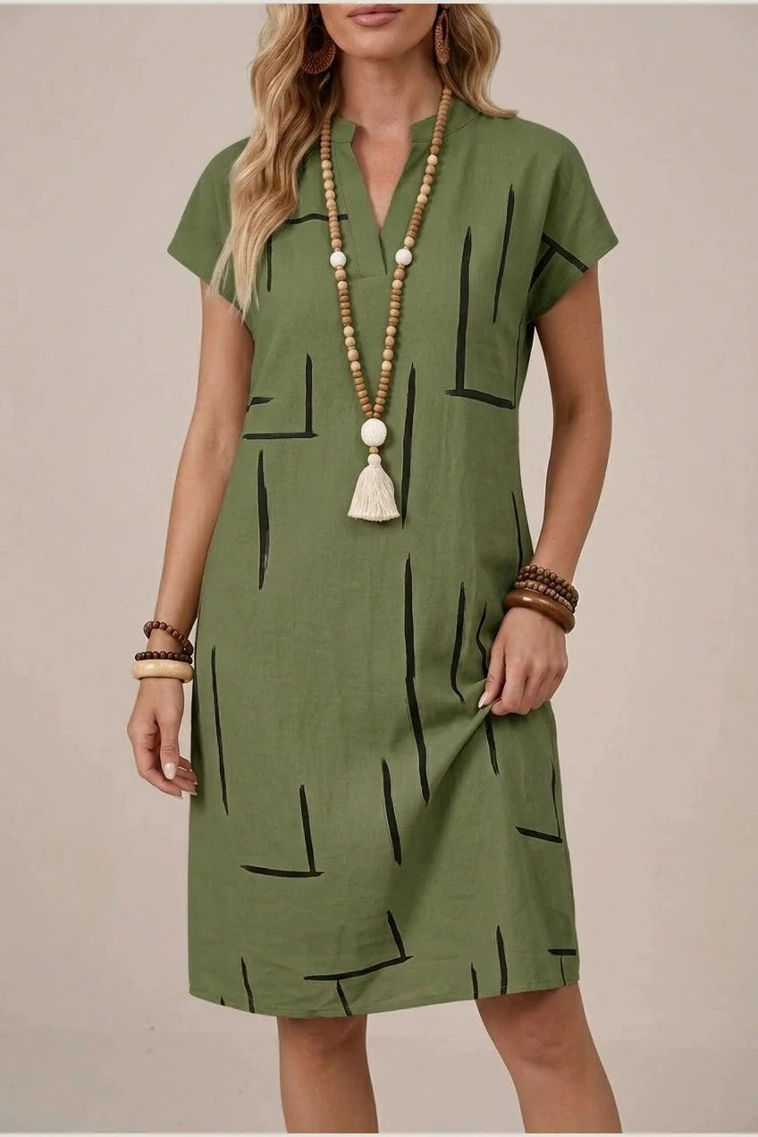 Notch Neck Shift Short Sleeve Knee Length Dresses With Abstract Print