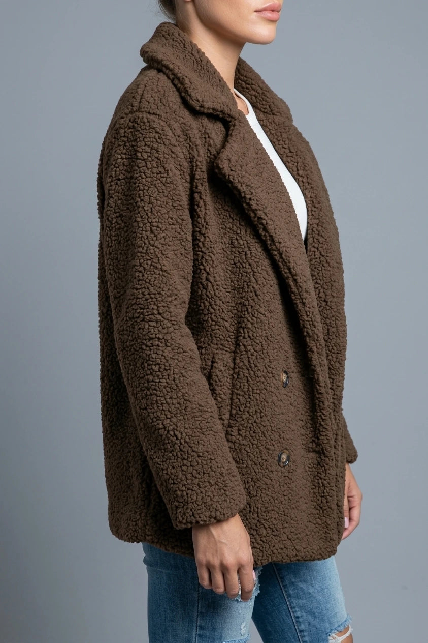 Women's Teddy Coat with Notch Lapel and Button Front — variant_front