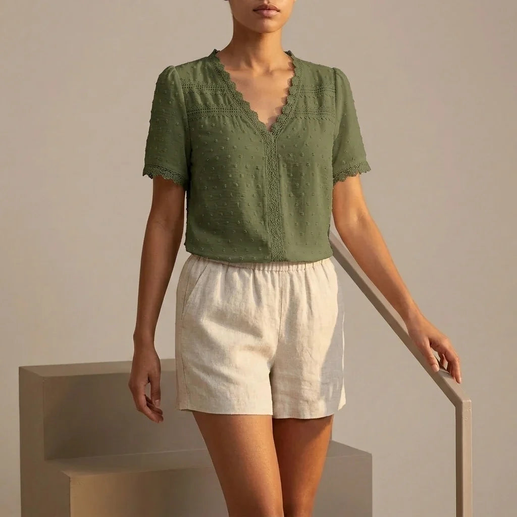 Bohemian Lace Trim Blouse with Swiss Dot Texture and V-Neckline — variant_front