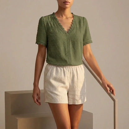 Bohemian Lace Trim Blouse with Swiss Dot Texture and V-Neckline — variant_front
