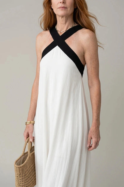 Crisscross Halter Neck Contrast Strap Sleeveless Maxi Dresses