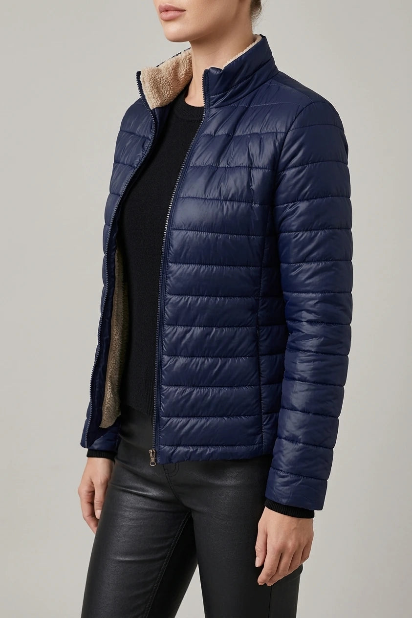 Cropped Quilted Puffer Jacket with Teddy Fleece Lining — variant_front